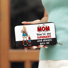 Load image into Gallery viewer, &quot;Mom, You&#39;re Our Superhero and Always Will Be&quot; - Personalized Leather Wallet - Gift for Mom, Grandma, and Special Women Leather Wallet PopCulturePrints
