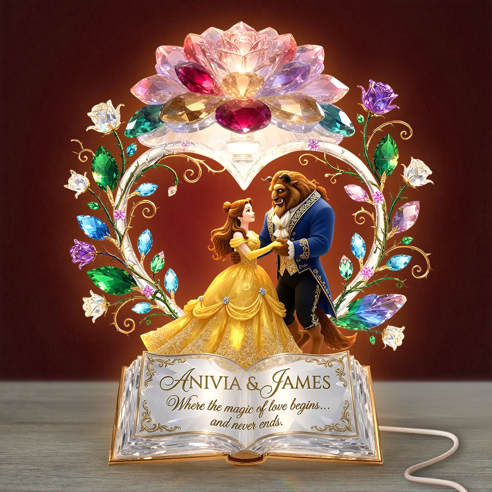 "Where the Magic of Love Begins" - Personalized Fairytale Couple Acrylic Light Box - Unique Gift for Couples, Anniversary, Engagement, Wedding Light Box PopCulturePrints
