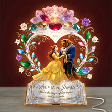 Load image into Gallery viewer, "Where the Magic of Love Begins" - Personalized Fairytale Couple Acrylic Light Box - Unique Gift for Couples, Anniversary, Engagement, Wedding Light Box PopCulturePrints
