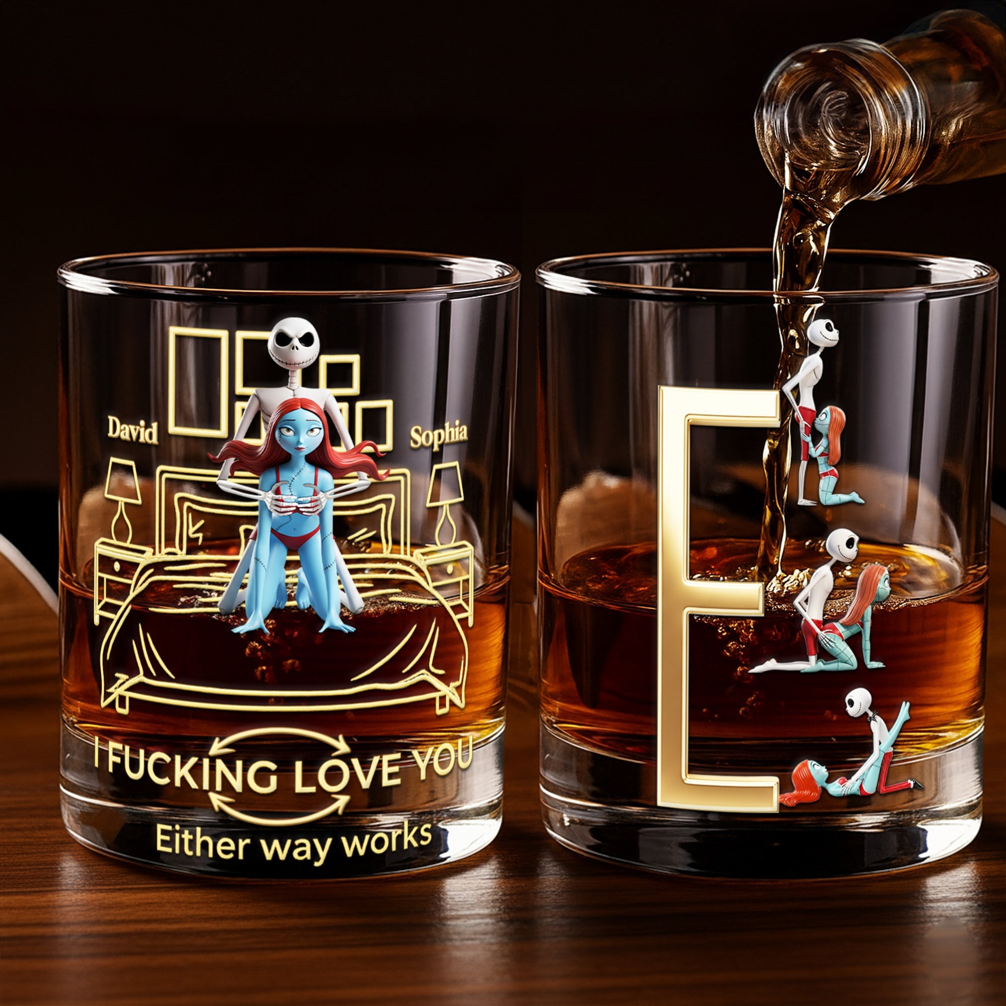"Together in Sips, Forever in Love" - Playful Skeleton Couple Round Glass - Custom Personalized Gift for Couples Glass PopCulturePrints