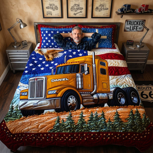 Drive Your Dreams - Patriotic Semi Truck Quilt Set - Custom Gifts for Road Warriors Blanket PopCulturePrints