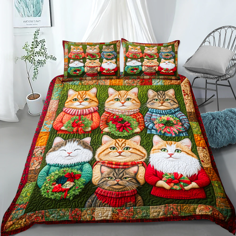 Floral Feline Christmas Quilt Bed Set - Perfect Gift for Cat Lovers Blanket PopCulturePrints