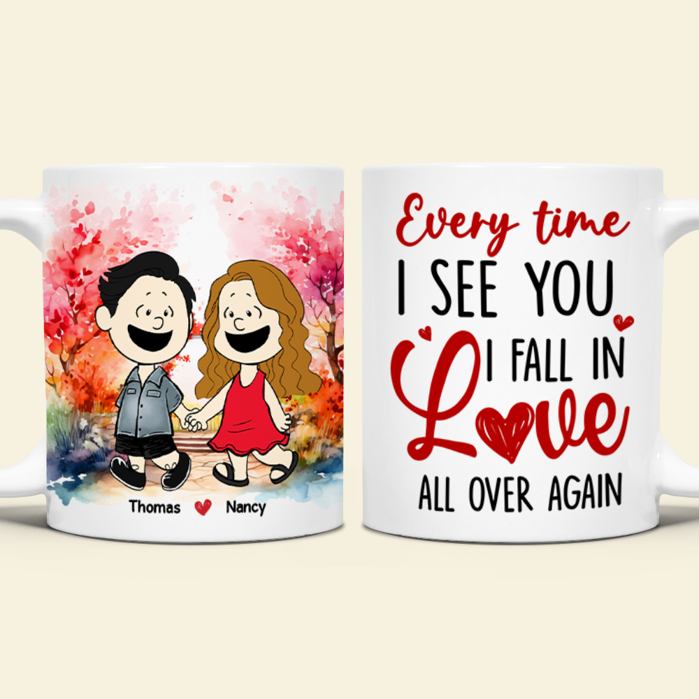 Personalized Love Coffee Mug for Couples - Every Time I See You I Fall in Love Coffee Mug PopCulturePrints