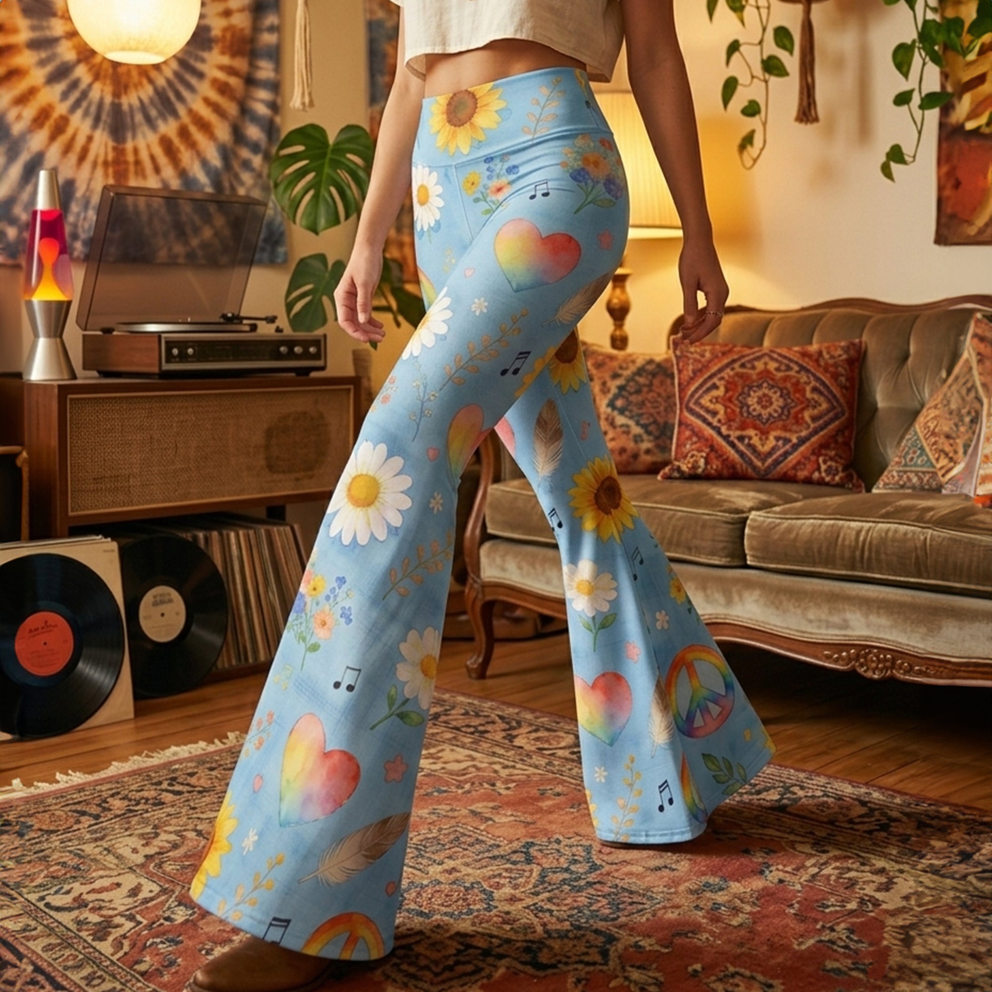 “Find Your Peace & Love” - Hippie Peace Flare Leggings, Personalized Gift for Hippie Lovers Shorts and Pants PopCulturePrints