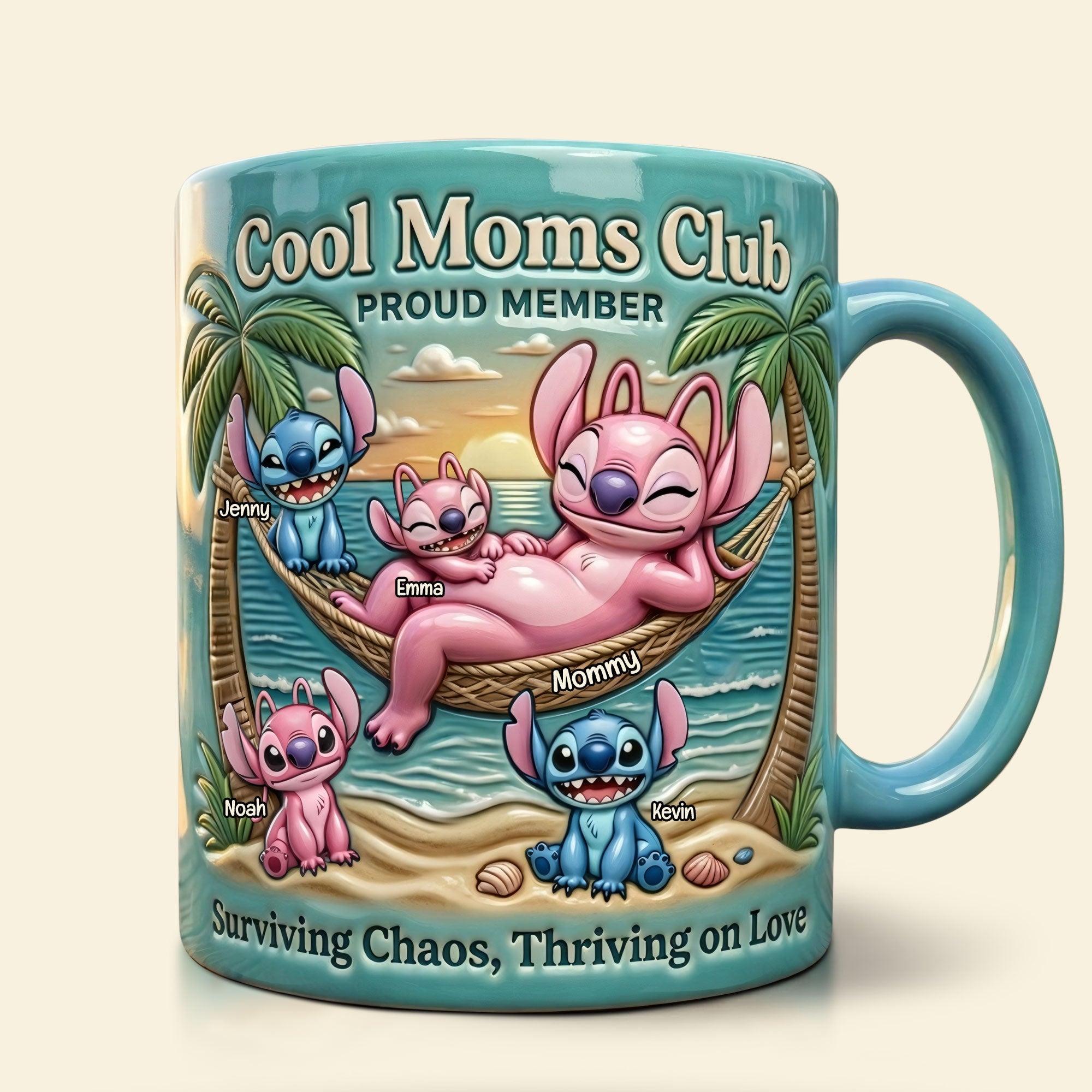 “Surviving Chaos, Thriving on Love” - Chilling Mom & Hers Mischievous Kids Mug - Personalized Gift for Moms, Grandmas, and Loved Ones Coffee Mug PopCulturePrints