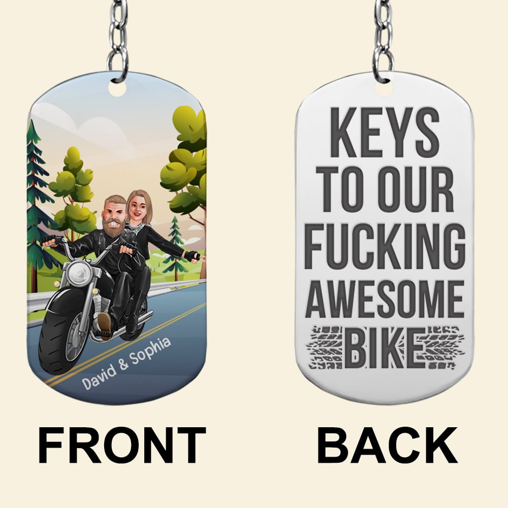 Personalized Biker Couple Keychain - Keys to Our Awesome Bike Keychains PopCulturePrints