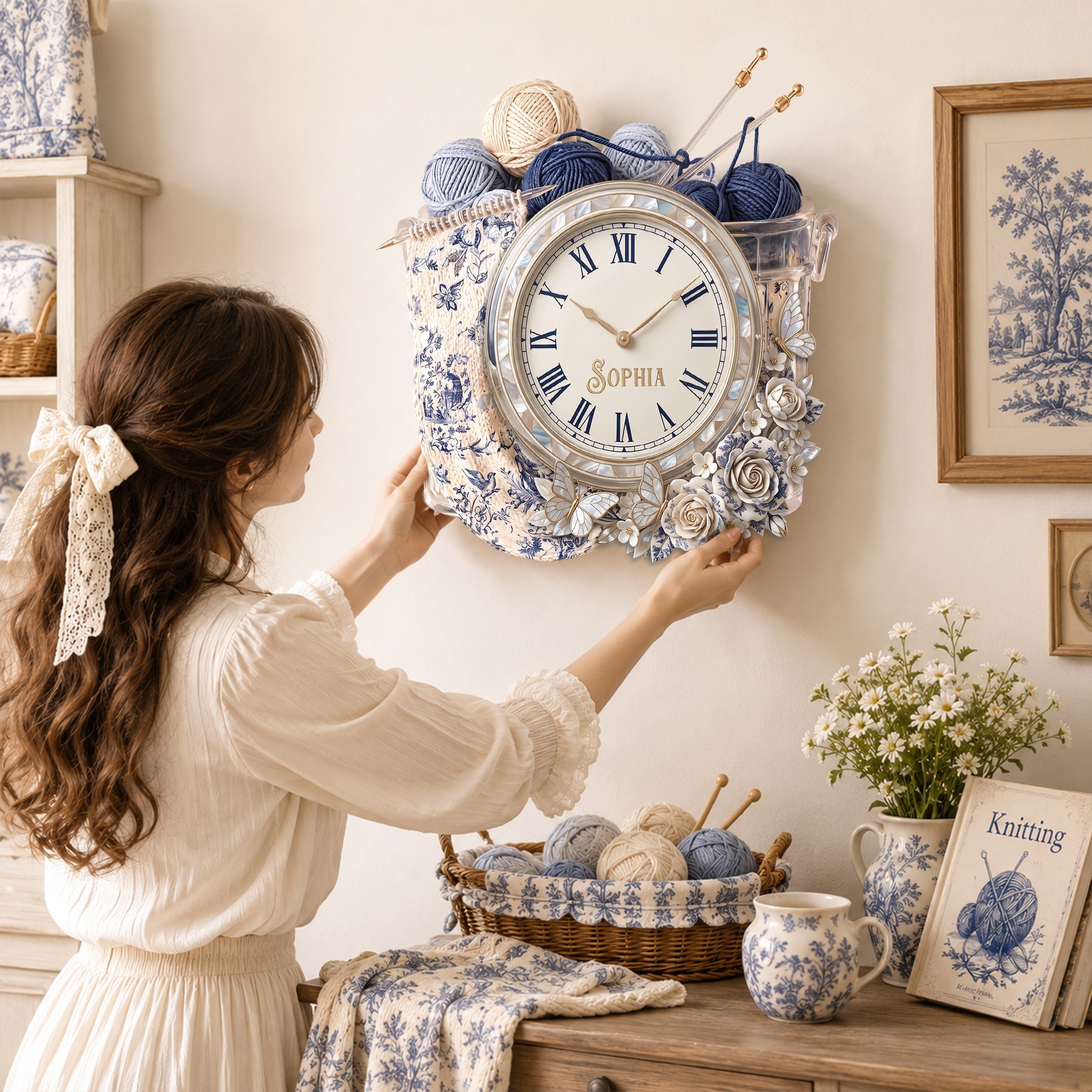 Timeless Elegance: Toile De Jouy Floral Knitting Hanging Wall Clock - Personalized Gift for Knitting Lovers