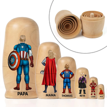 Load image into Gallery viewer, “Celebrate Family Love” - Power Family Wooden Nesting Dolls - Personalized Mother's Day Gifts Wooden Nesting Dolls PopCulturePrints
