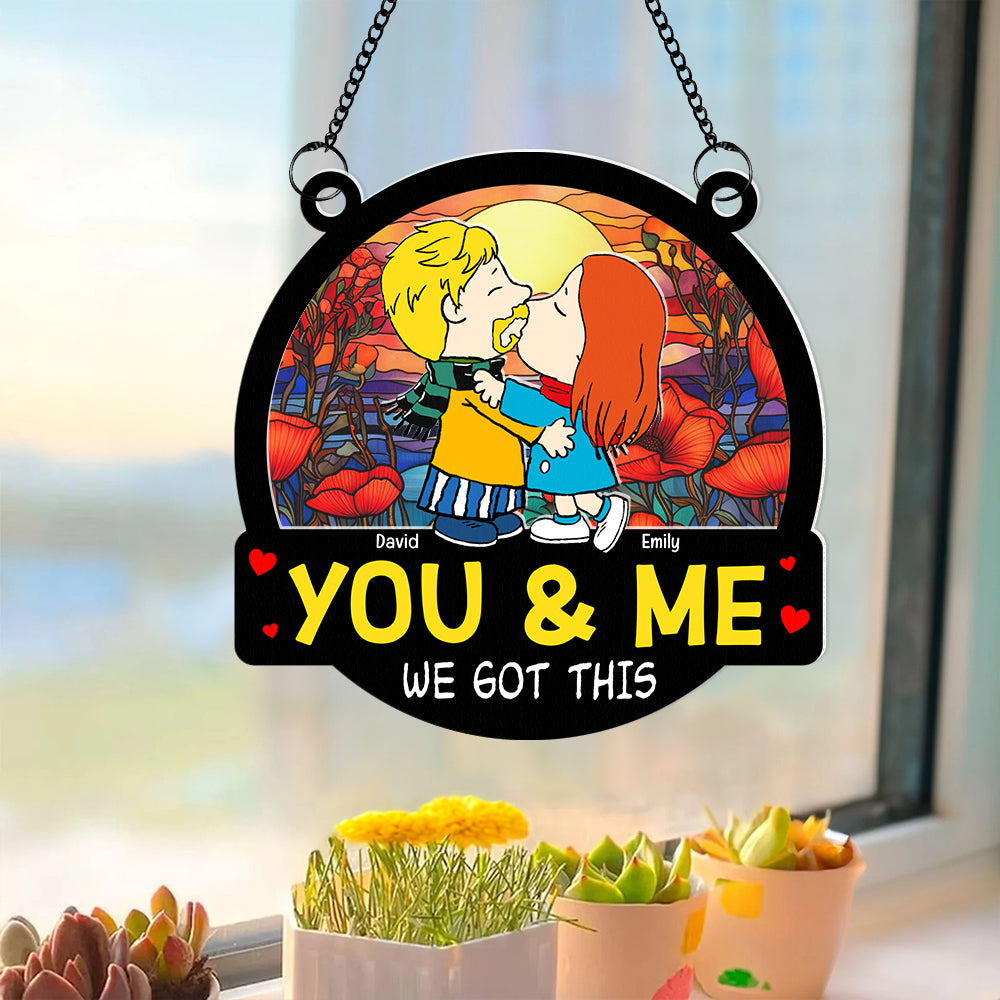 Personalized Cute Cartoon Couple Kissing Suncatcher Ornament