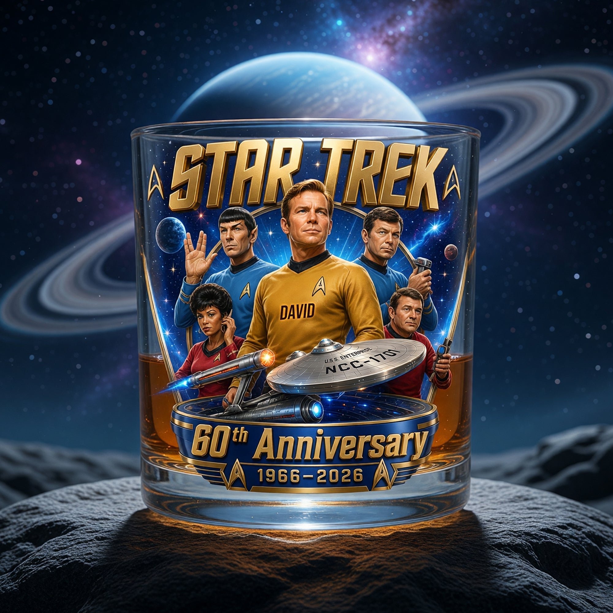 “To Boldly Go Where No Glass Has Gone Before” - Celebrated 60th Anniversary Drinking Glass - Personalized Gift for Fans Glass PopCulturePrints