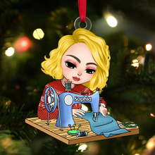 Load image into Gallery viewer, Personalized Sewing Lover Ornament - Sitting Girl with Sewing Machine Ornament PopCulturePrints
