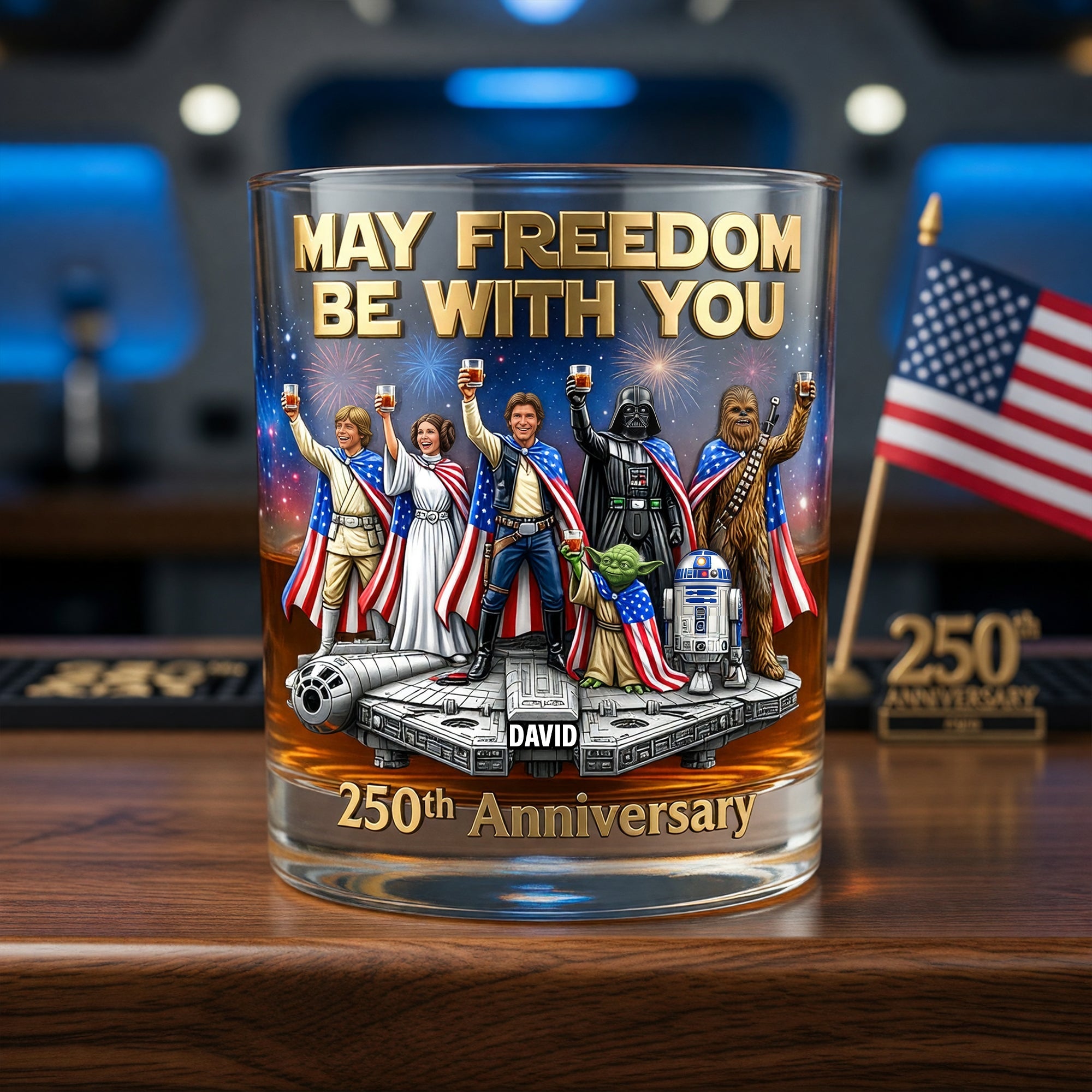 “May Freedom Be With You” - Personalized 250th Anniversary Drinking Glass for Patriots