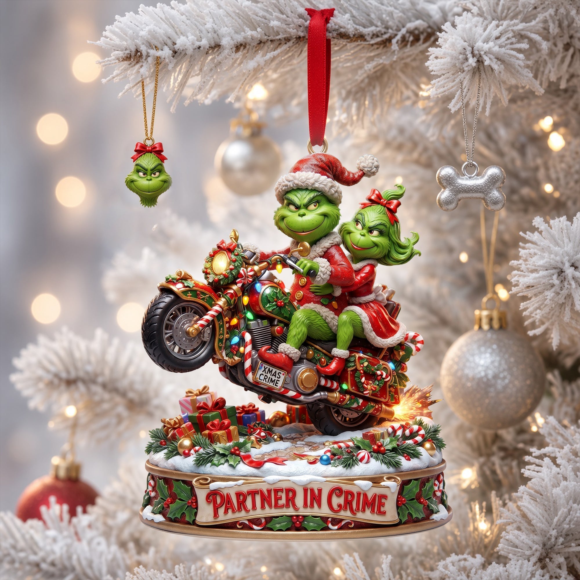 “Partners in Crime: Celebrate Love on Two Wheels” - Monster Riding Couple Ornament, Personalized Gift for Couples