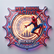 Load image into Gallery viewer, “When the City Calls, Heroes Swing In” - Guardian LED Wall Sign, Personalized Gift for Kids and Superhero Fans
