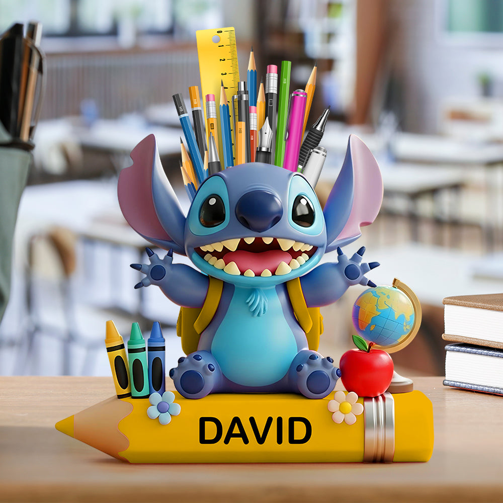"Bring Imagination to Life!" - Personalized Blue Cartoon Alien Wooden Pen Holder - Perfect Gift for Kids Pen Holder PopCulturePrints