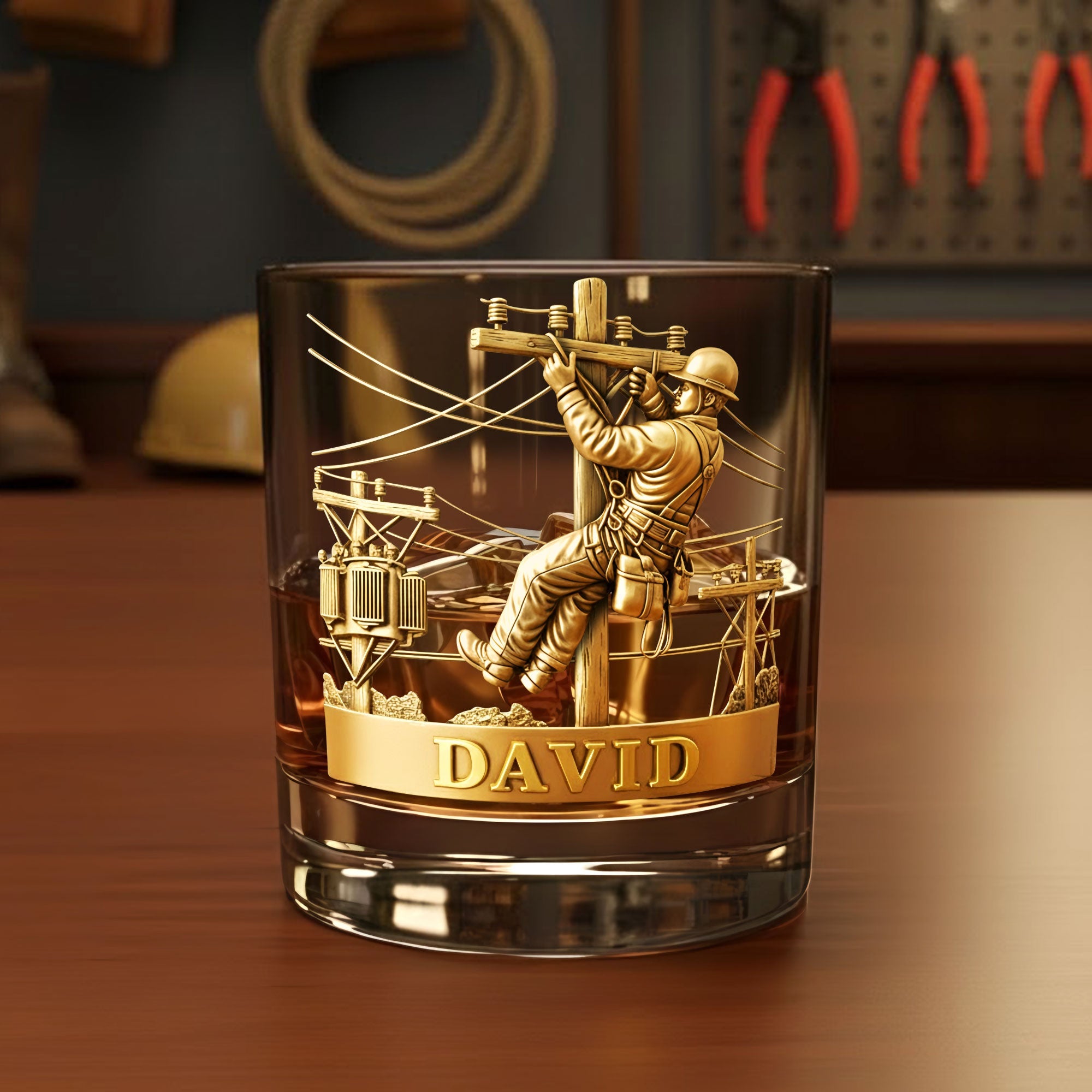 Celebrate the Spirit of Hard Work - Personalized Lineman Round Whiskey Glass Glass PopCulturePrints