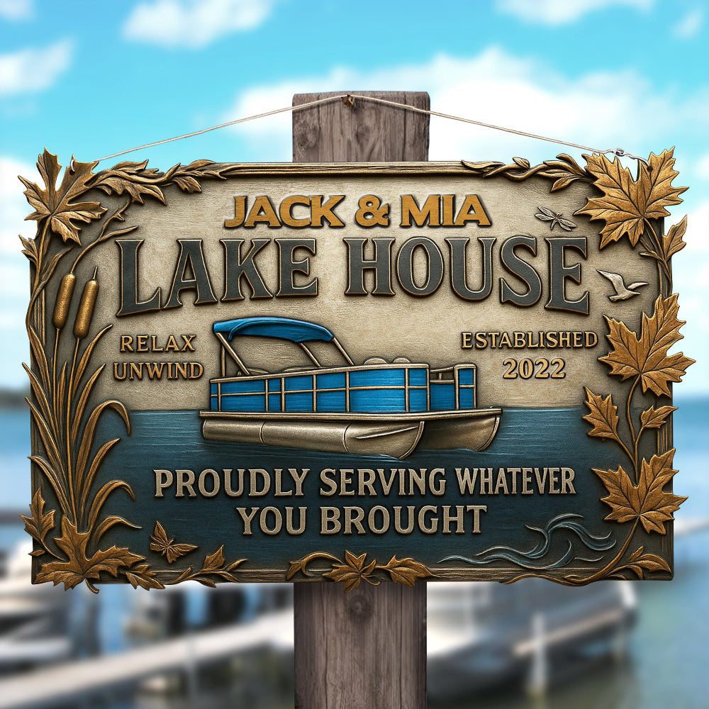 "Relax and Unwind at Your Lake House" - Personalized Metal Sign for Pontoon Lovers - Unique Gift for Boat Enthusiasts, Homeowners, and Nature Lovers Metal Signs PopCulturePrints