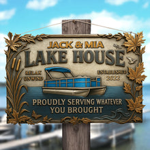 Load image into Gallery viewer, &quot;Relax and Unwind at Your Lake House&quot; - Personalized Metal Sign for Pontoon Lovers - Unique Gift for Boat Enthusiasts, Homeowners, and Nature Lovers Metal Signs PopCulturePrints
