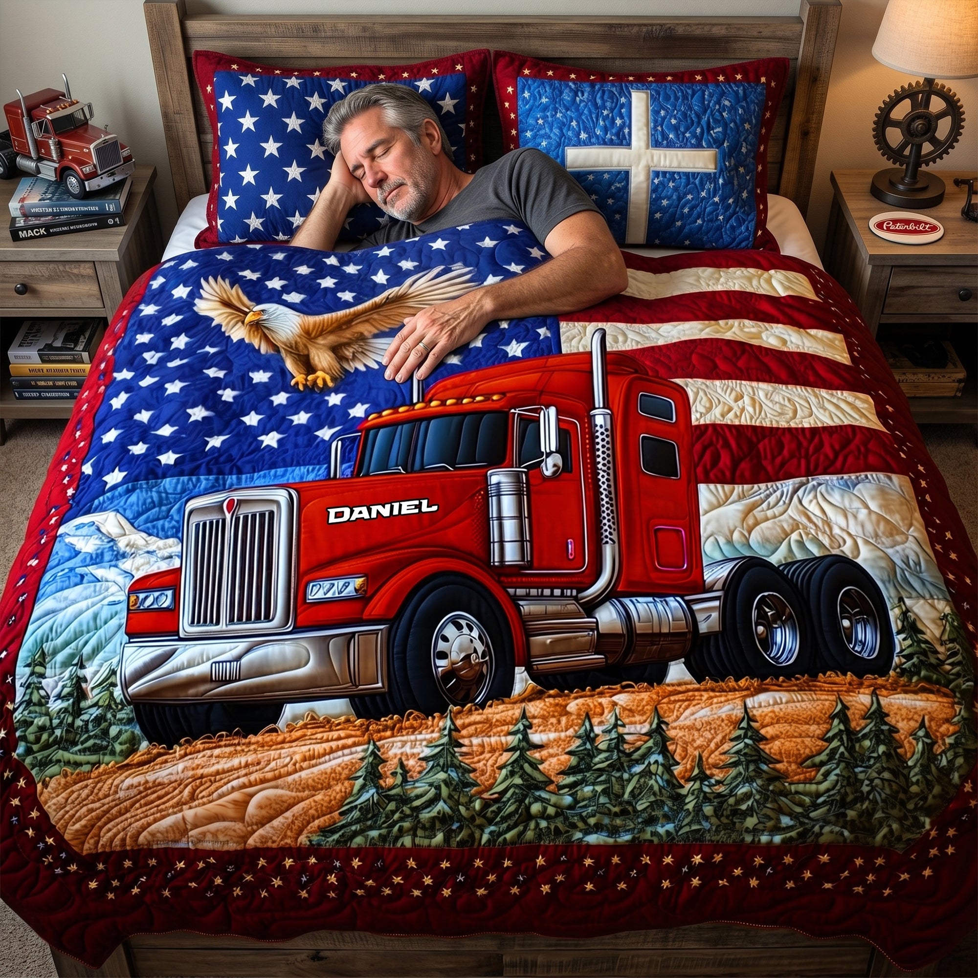 Drive Your Dreams - Patriotic Semi Truck Quilt Set - Custom Gifts for Road Warriors