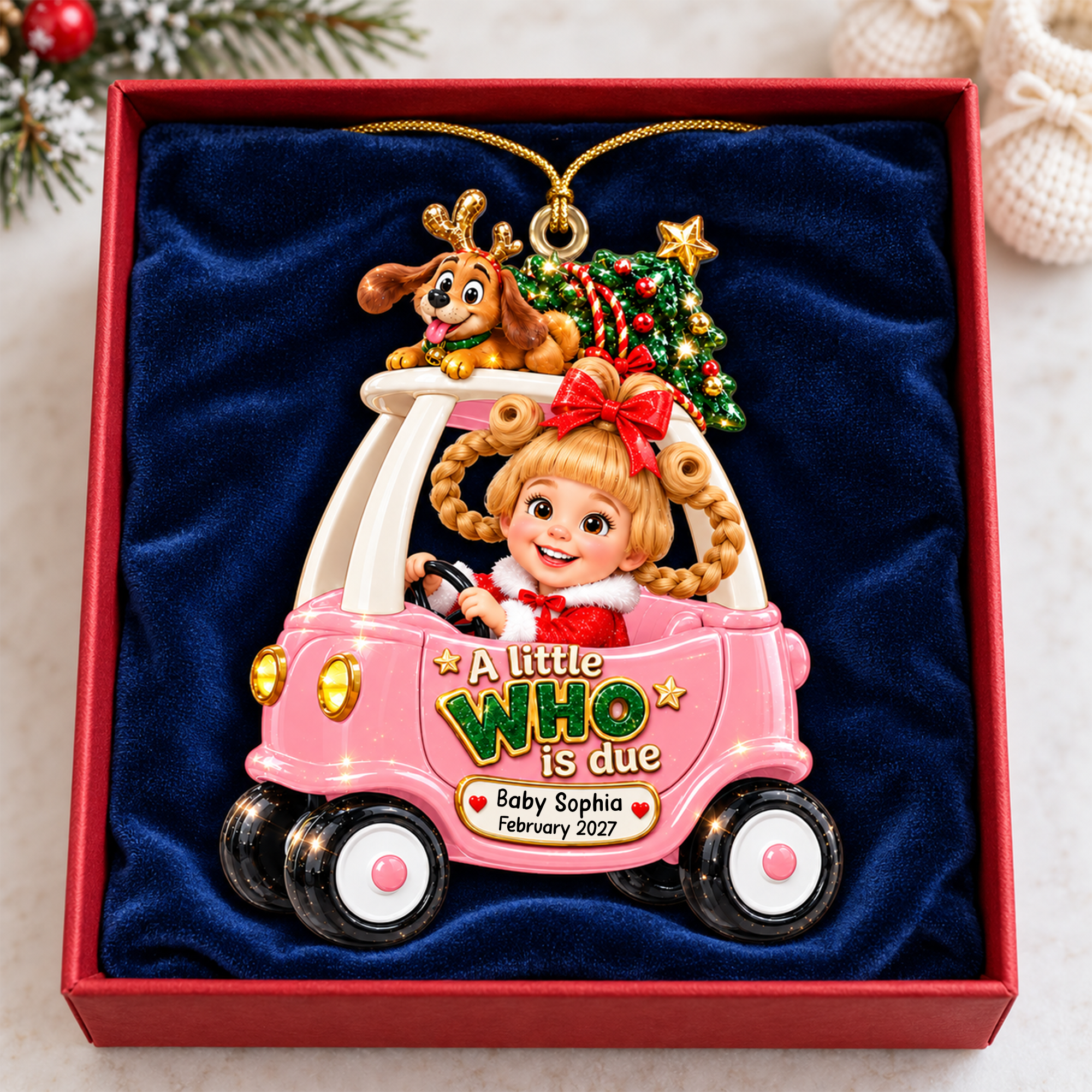 A Little WHO is Due - Personalized Baby On Car Ornament for Expecting Parents
