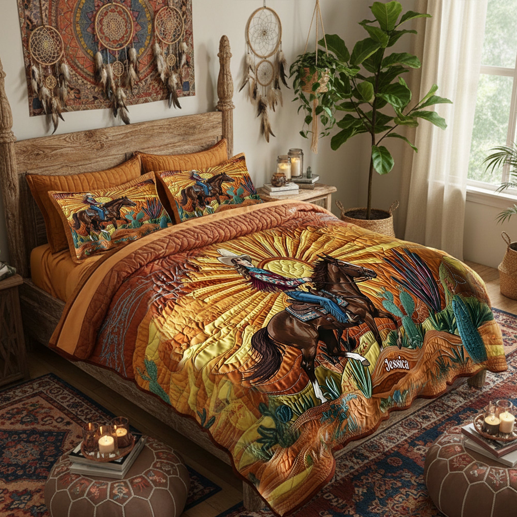 "Ride into the sunset with style!" - Desert Sunset Cowgirl Quilt Bedding Set - Personalized Gift for Cowgirls Bedding Set PopCulturePrints