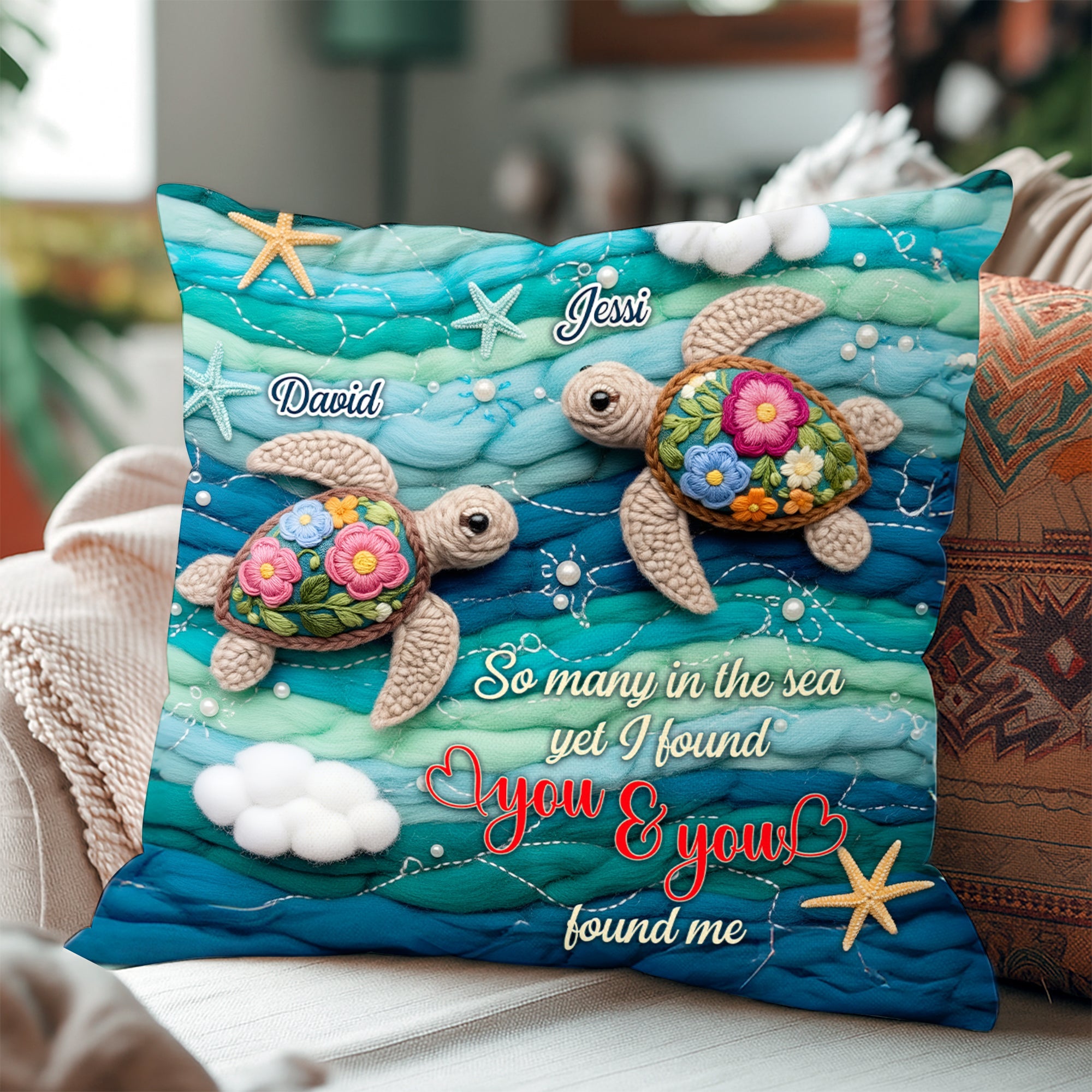 So Many in the Sea, Yet I Found You - Ocean Turtle Couple Square Pillow Pillow PopCulturePrints