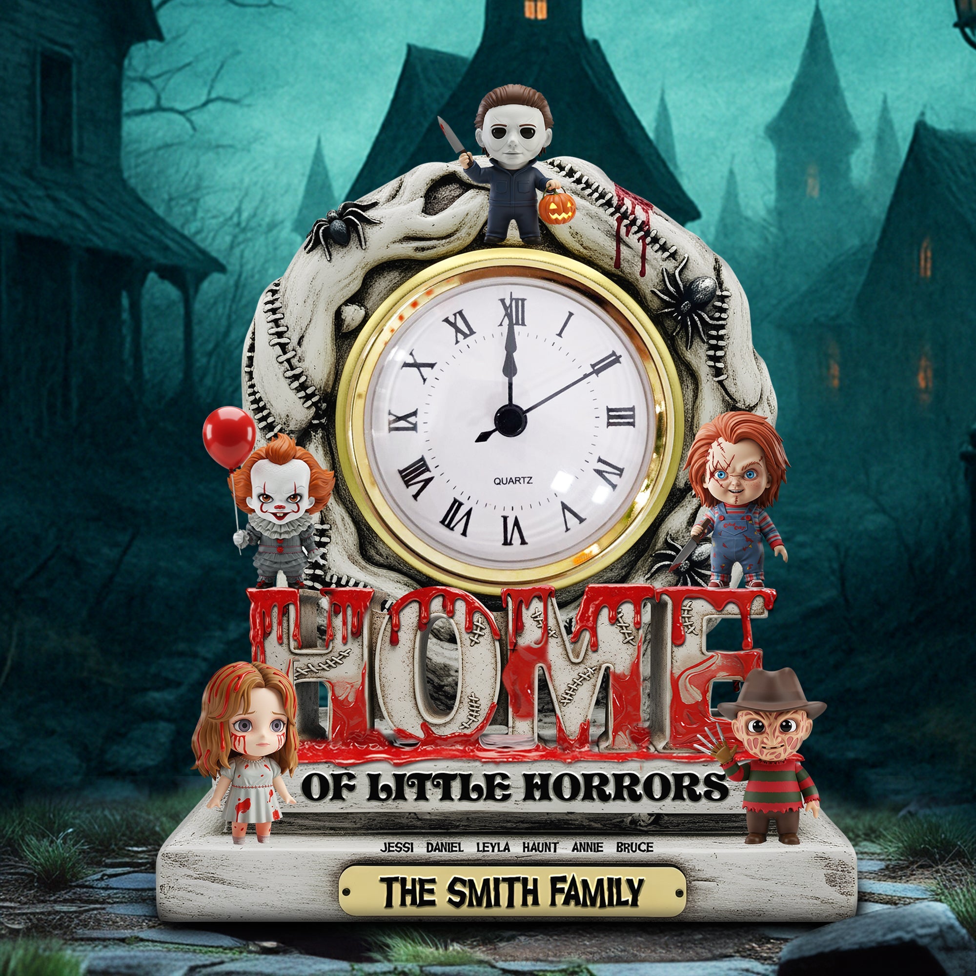 Welcome to the Home of Little Horrors – Personalized Horror Family Desk Clock Plaque Clock Plaques PopCulturePrints