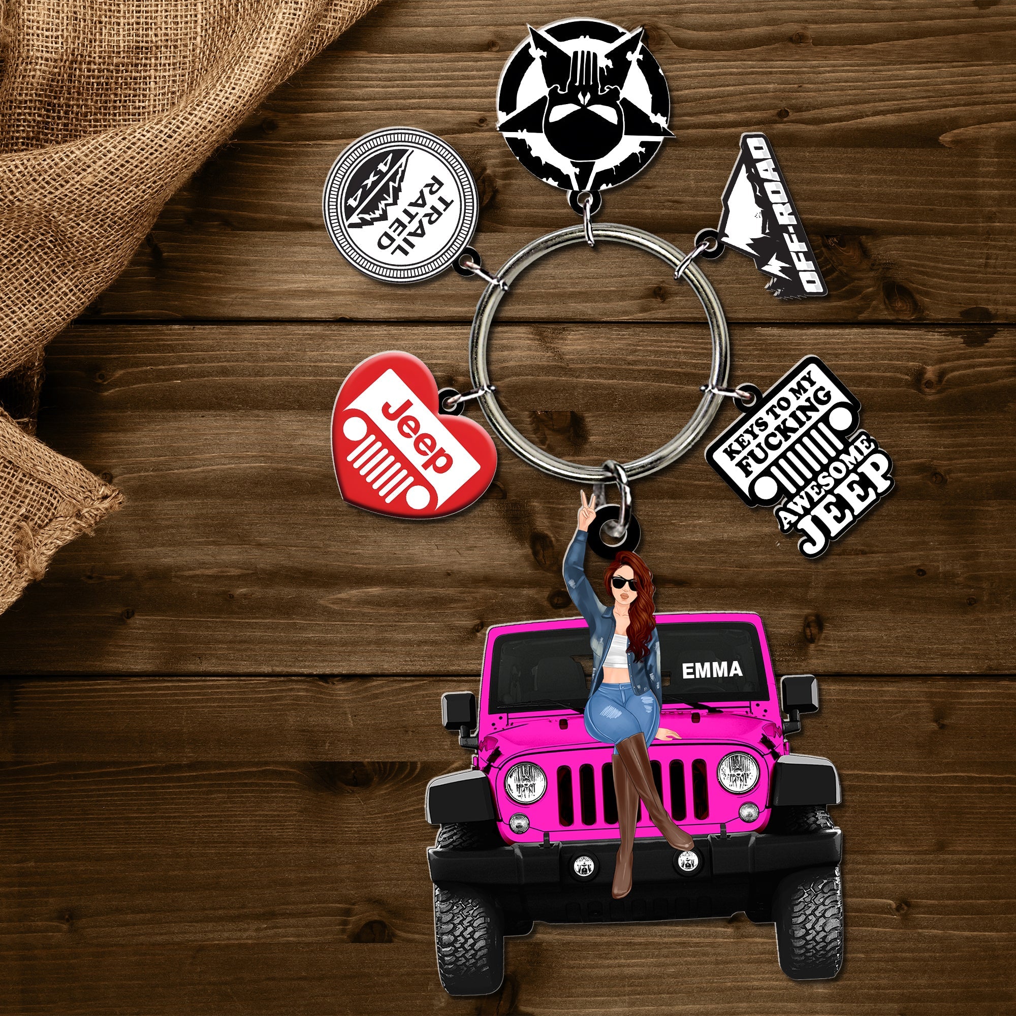 Personalized Jeep Lover Keychain with Custom Name and Iconic Charms