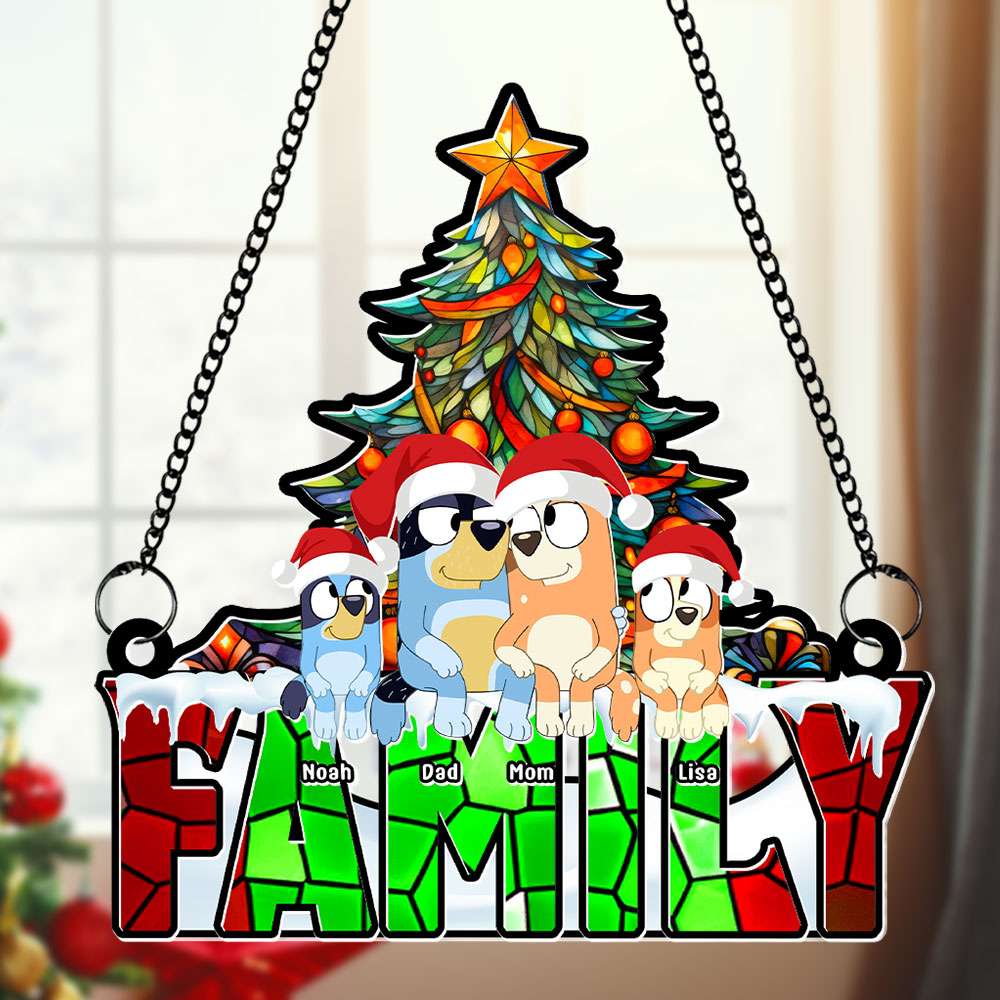 Personalized Family Cartoon Dog Christmas Suncatcher Ornament