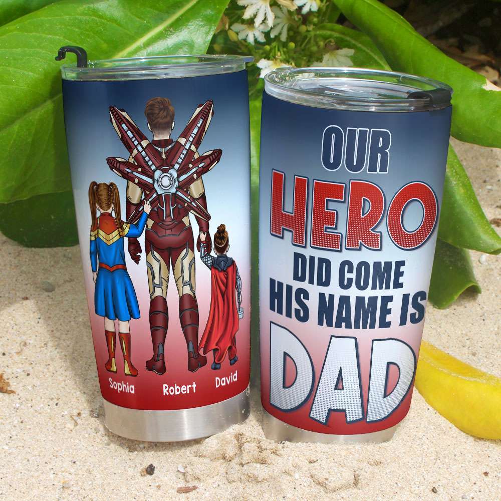 Personalized 'Our Hero Dad' Tumbler - Father and Kids Themed Gift Tumbler Cup PopCulturePrints