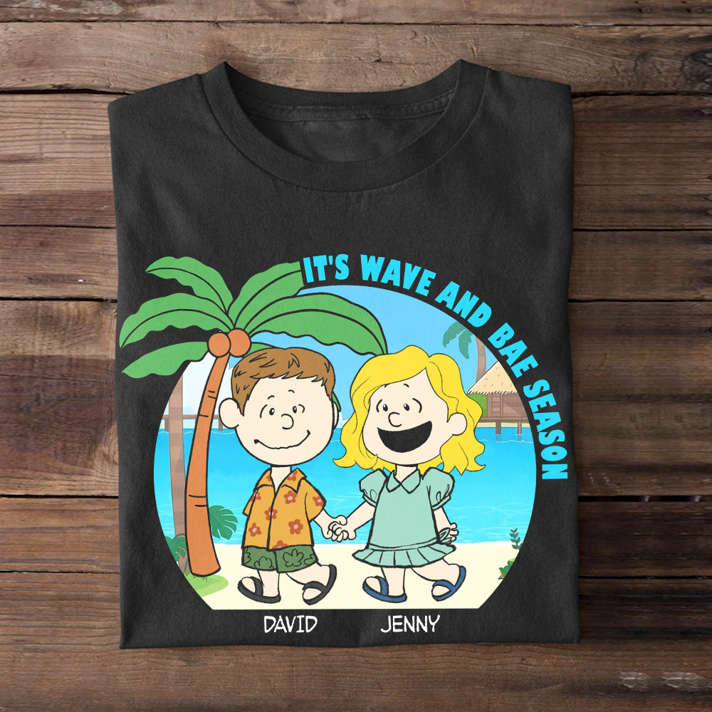 Personalized Cartoon Couple Beach Vacation T-Shirt - Wave and Bae Season