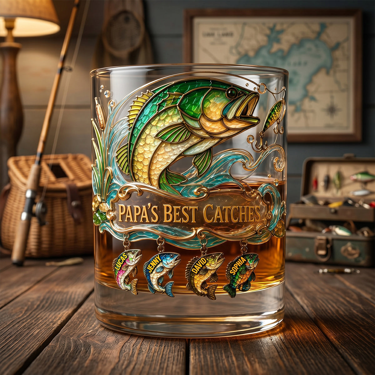 Fishing Papa: Catch the Memories - Personalized Round Glass for Dad Glass PopCulturePrints