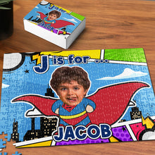 Load image into Gallery viewer, Personalized Superhero Kid Jigsaw Puzzle - Custom Name &amp; Face Wood Sign PopCulturePrints
