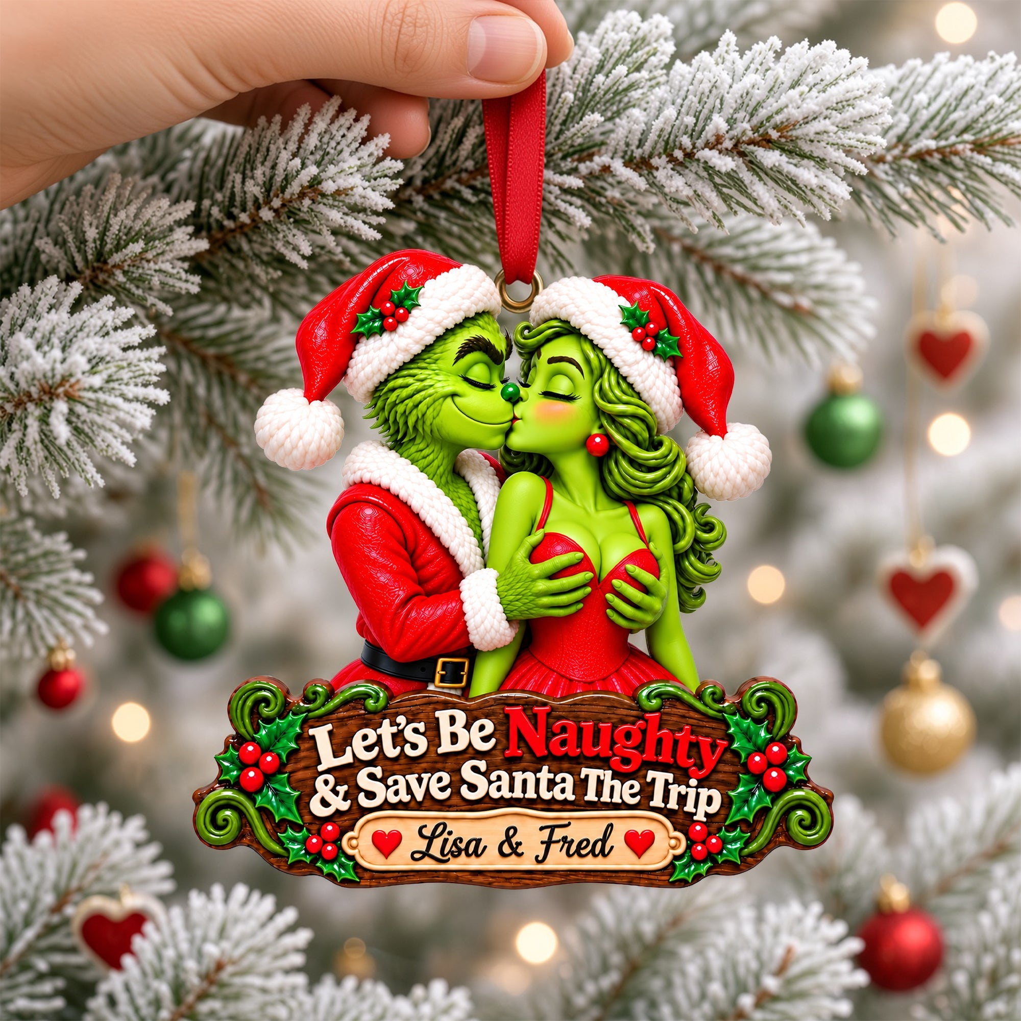 Let's Be Naughty & Save Santa The Trip - Personalized Mischievous Couple Christmas Ornament