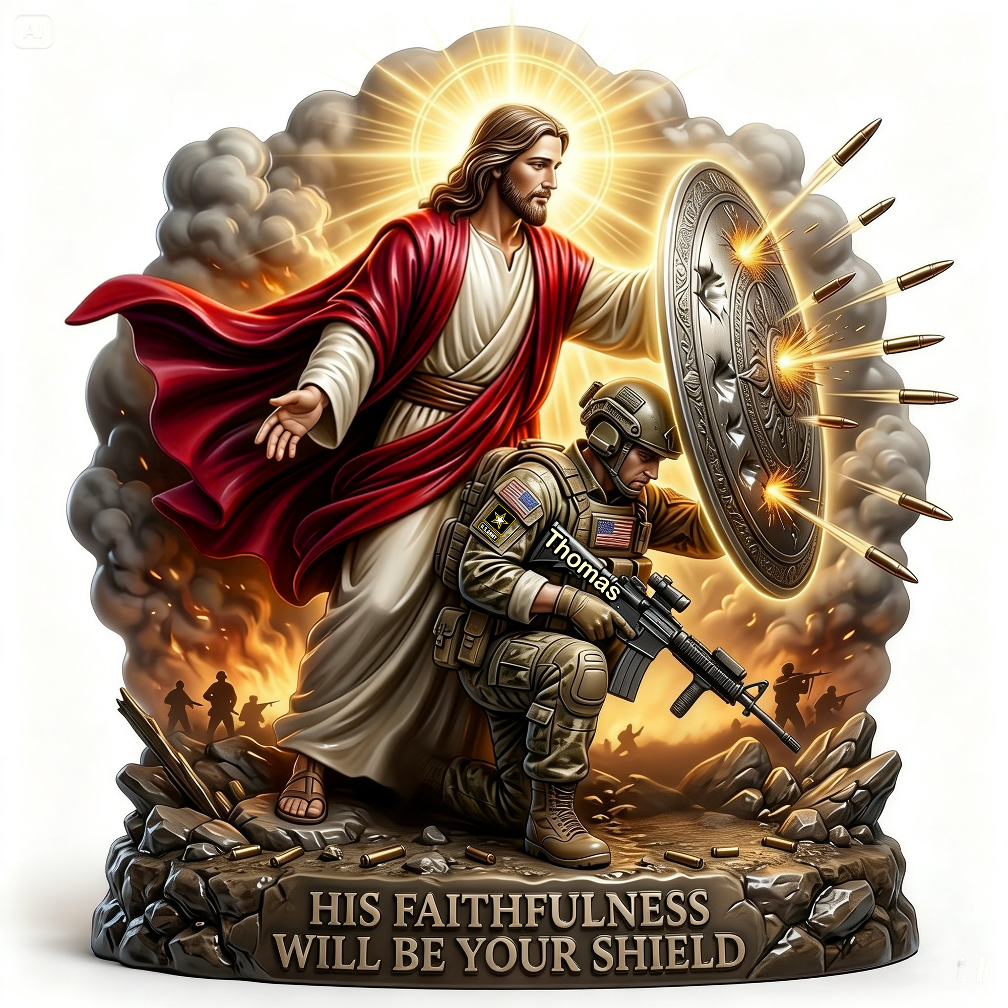 “His Faithfulness Will Be Your Shield” - Personalized Christian Soldier Shield Acrylic Plaque - Custom Gift for Veterans and Believers Shaped Plaques PopCulturePrints