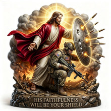 Load image into Gallery viewer, “His Faithfulness Will Be Your Shield” - Personalized Christian Soldier Shield Acrylic Plaque - Custom Gift for Veterans and Believers Shaped Plaques PopCulturePrints
