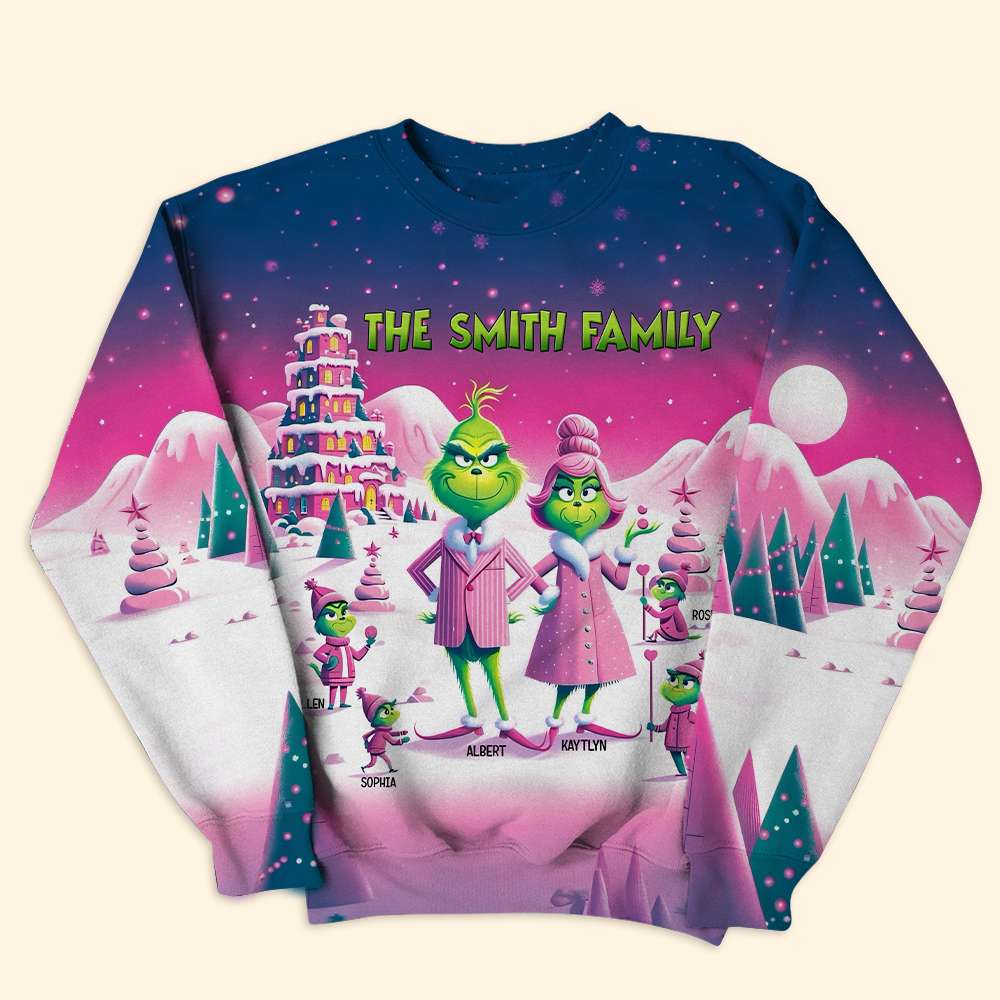 Custom Family Christmas Sweatshirt - Whimsical Grinch Theme AOP Products PopCulturePrints