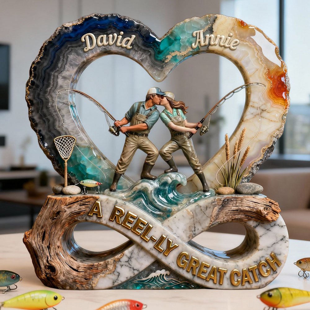 "Hooked on Love: A Reel-Ly Great Catch" - Personalized Fishing Couple Acrylic Plaque Shaped Plaques PopCulturePrints