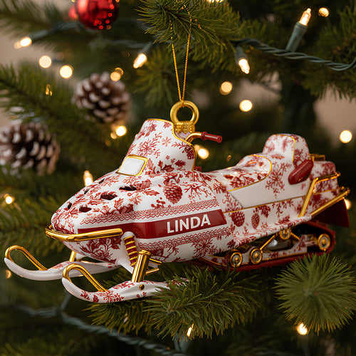 “Celebrate the Thrill of Winter!” - Snowmobile Toile de Jouy Ornament - Personalized Christmas Gift Ornament PopCulturePrints