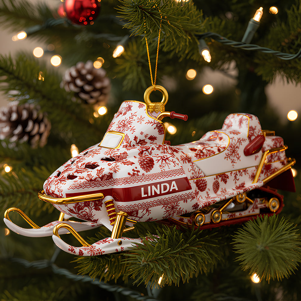 “Celebrate the Thrill of Winter!” - Snowmobile Toile de Jouy Ornament - Personalized Christmas Gift Ornament PopCulturePrints