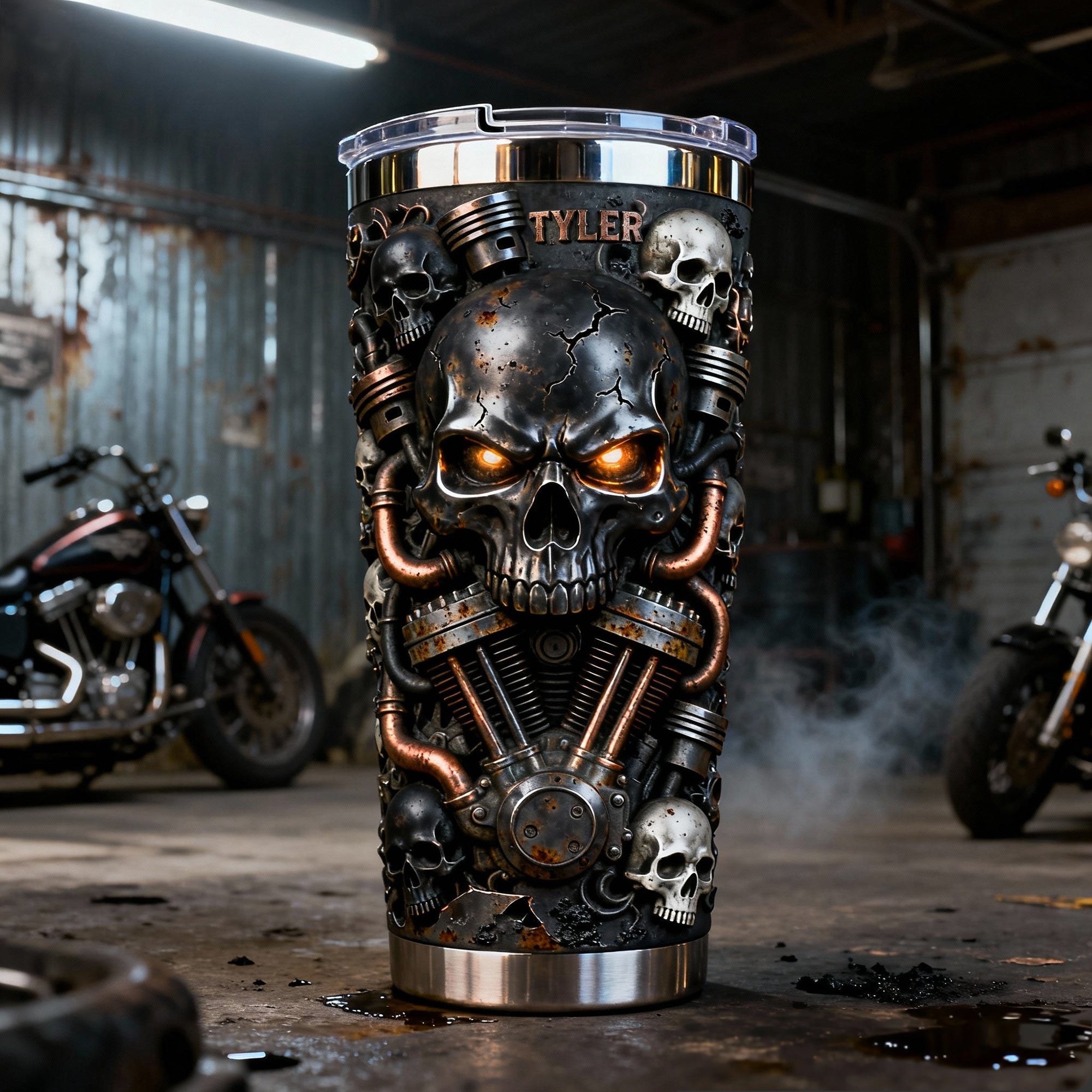 Ride with Attitude: Fierce Skull Motorcycle Tumbler - Personalized Gift for Bikers Tumbler Cup PopCulturePrints