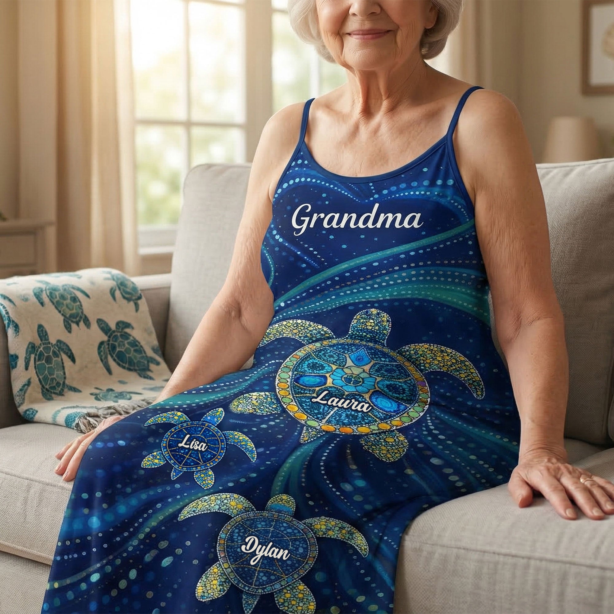 Embrace the Love: Personalized Turtle Grandma Suspender Maxi Dress - Perfect Gift for Mom, Grandma, and More! Dress PopCulturePrints