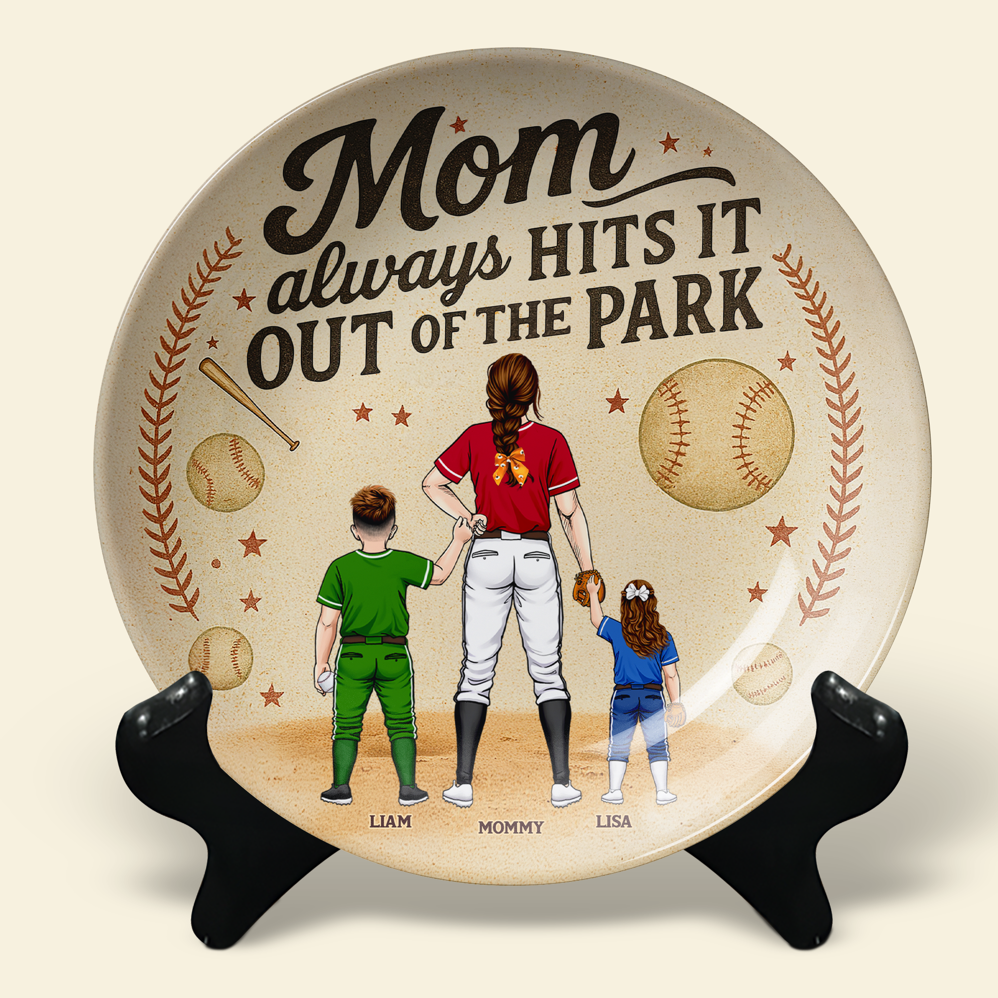 Mom Always Hits It Out Of The Park - Personalized Baseball Mom Ceramic Round Plate Gift Ceramic Round Plate PopCulturePrints