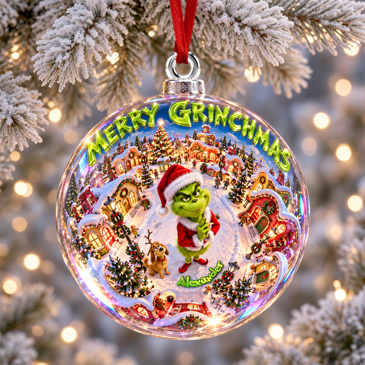 “A Grinchy Twist on Tradition” - Tiny Christmas Town Ornament, Personalized Gift for Family & Friends