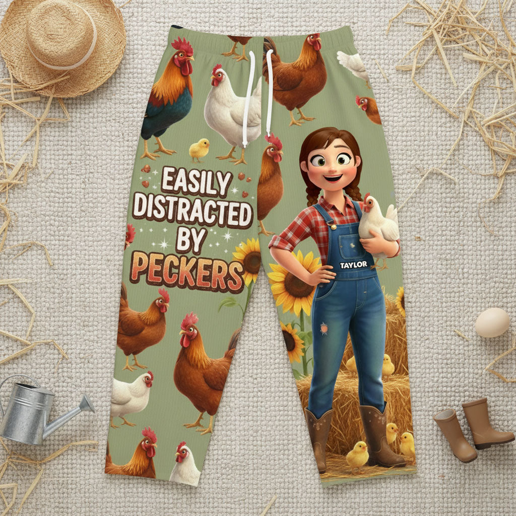 Easily Distracted by Peckers - Personalized Farm Chicken Pajama Pants Pajama Pant PopCulturePrints