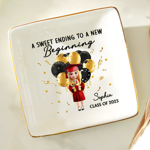 A Sweet Ending To A New Beginning - Personalized Graduation Ring Dish Ring Dish PopCulturePrints
