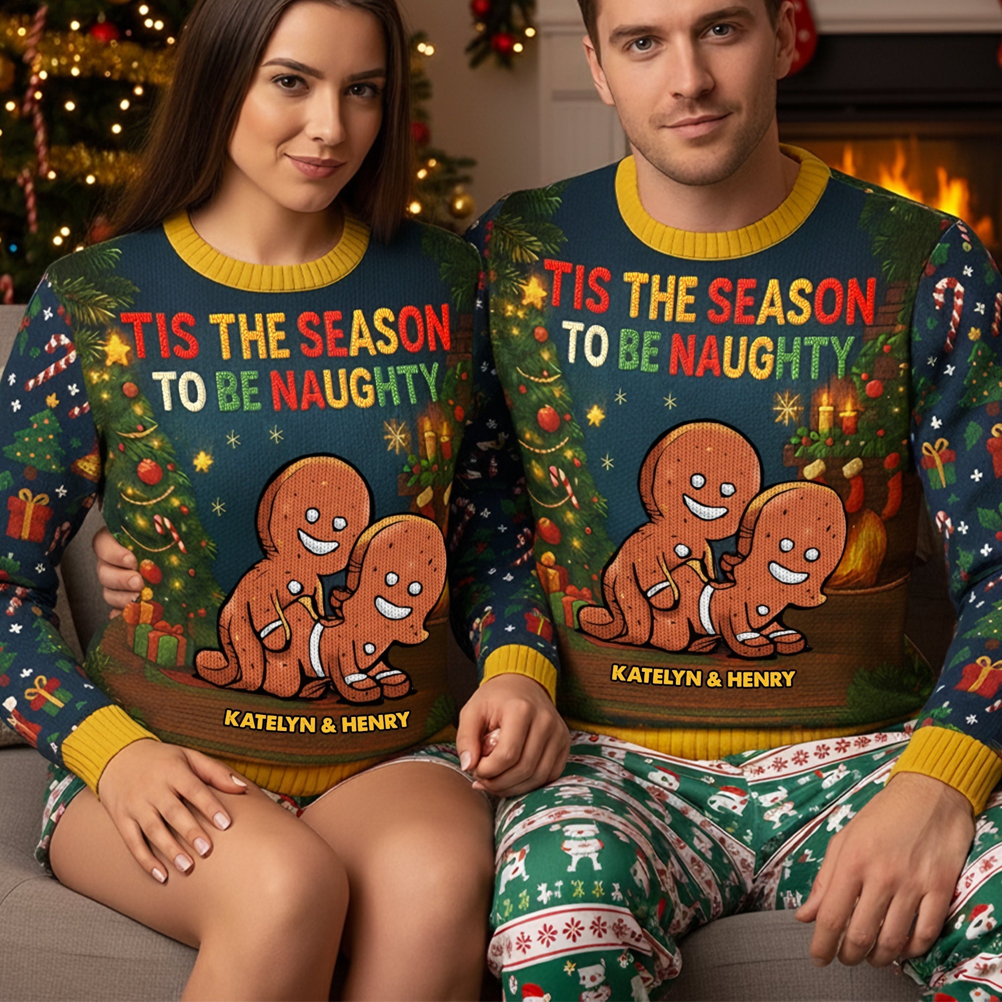 ‘Tis the Season to Be Naughty - Funny Gingerbread Couple Knitted Ugly Sweater - Personalized Gift for Couples Ugly Christmas Sweater PopCulturePrints