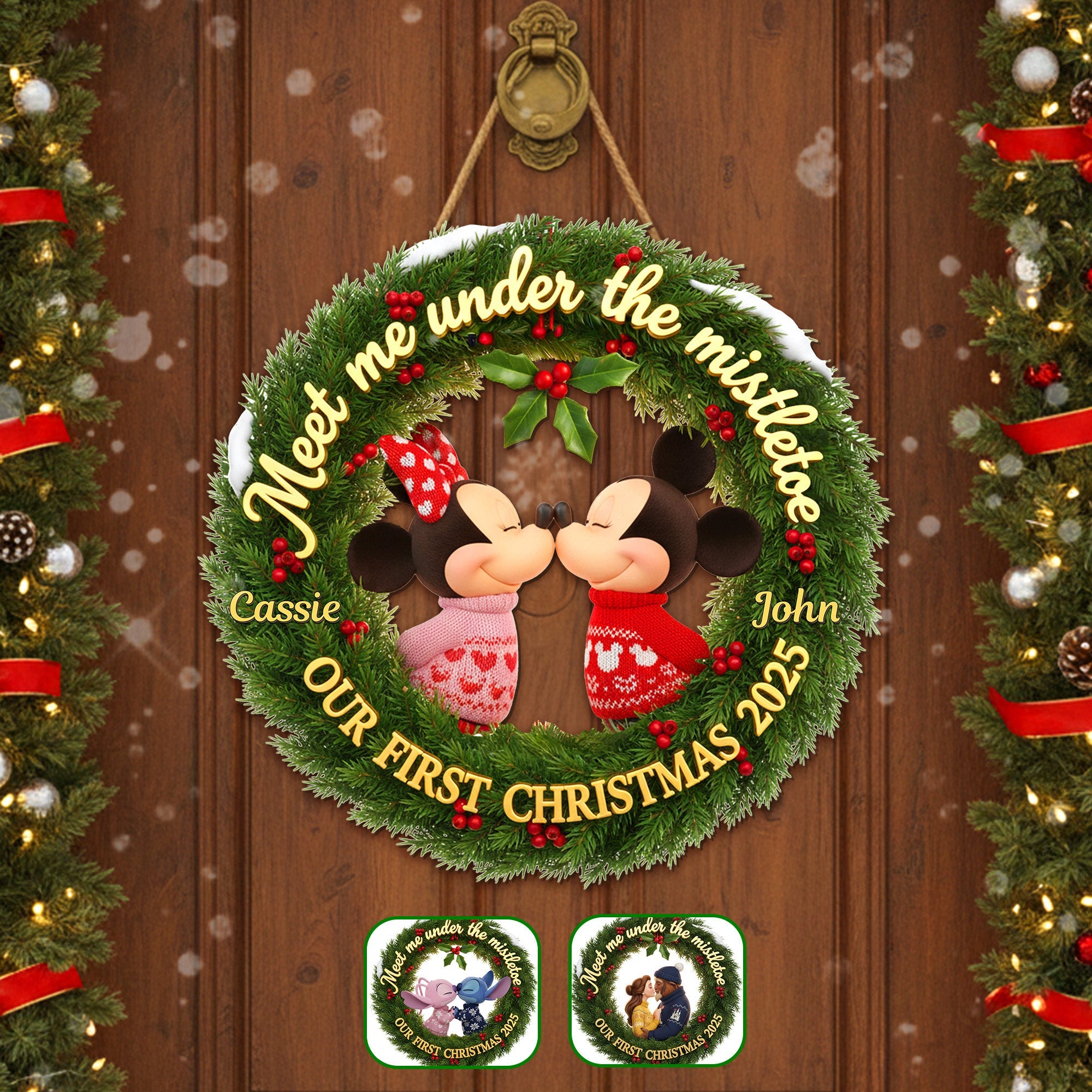 “Meet Me Under the Mistletoe” - Personalized Kissing Couple Laurel Wreath Wood Sign - Custom Gift for Couples, Newlyweds, and Special Occasions Wood Sign PopCulturePrints