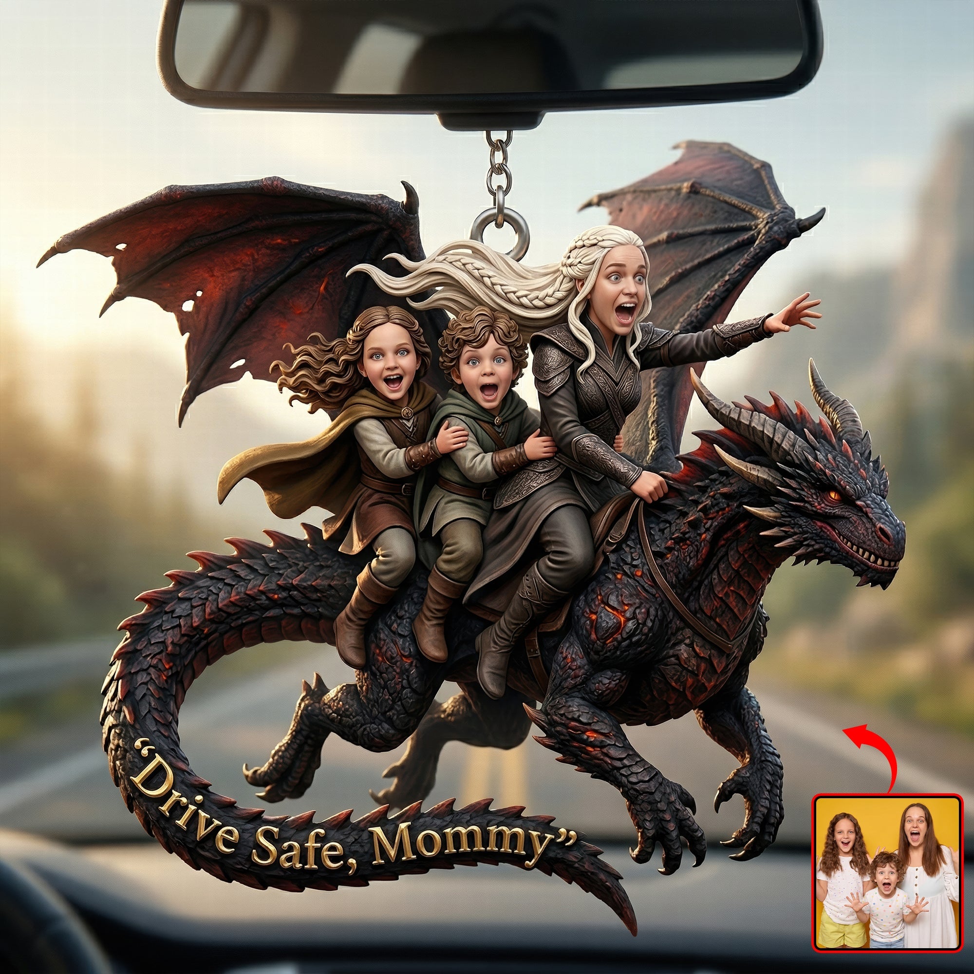 “Drive Safe, Mommy” - Dragon Rider Family Car Ornament - Custom Gift for Mom, Grandma & Family Ornament PopCulturePrints