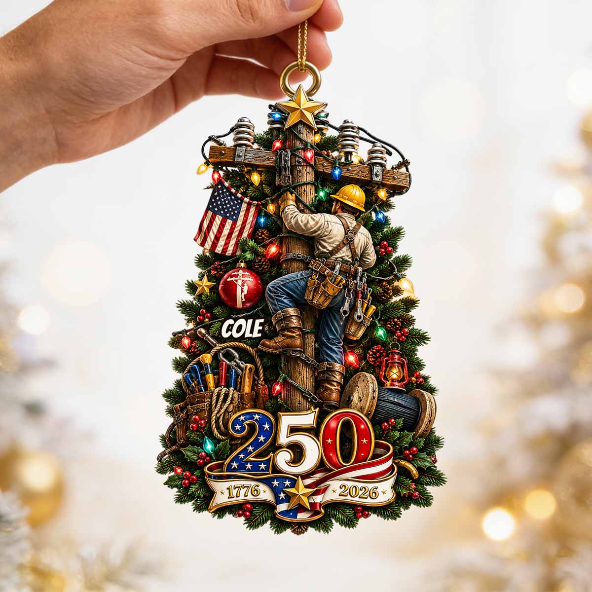 Proud Lineman - Personalized Christmas Ornament - Gift for Linemen and American Patriots Ornament PopCulturePrints